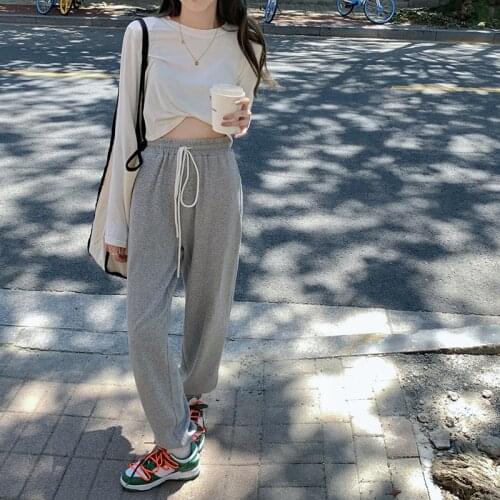 Women Autumn Elastic Waist Sports Pants High Waist Loose Harlan Casual Pants+Long Sleeve Tops Female Wide-leg Solid Trousers