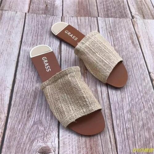 2020 Vintage Square Toe Flat Weaving Sandals Women Open Toe Gingham Slipper Sandals Summer Pu Casual Flats Shoes Zapatos Muje