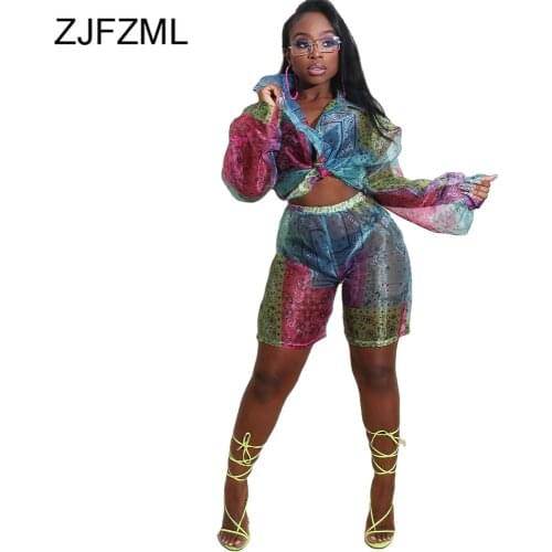 Paisley Bandanna Print Fashion Women Two Piece Outfits Long Sleeve Turn Down Collar Blouse+see Through Short Cute Color Match