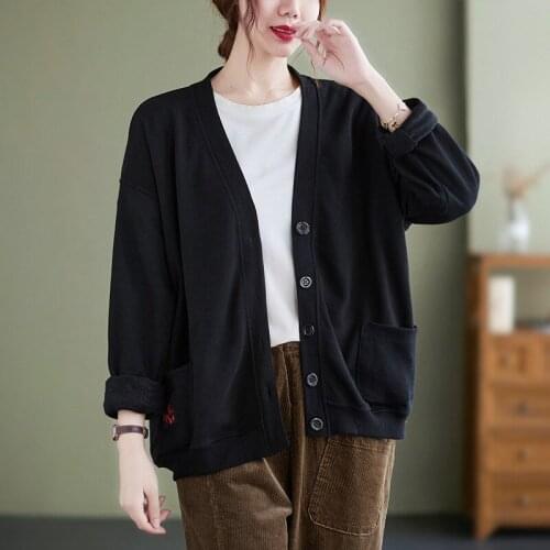 Knitted Cardigan Solid Color Long Sleeve V-neck Spring Autumn Women Literary Loose Casual Female Tops