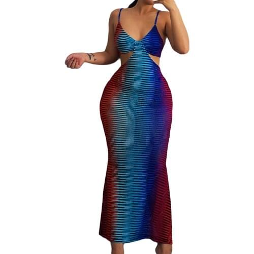 Women Close-fitting Slip Dress, Variegated Color Deep V-neck Hollow Out Clothes, S/ M / L