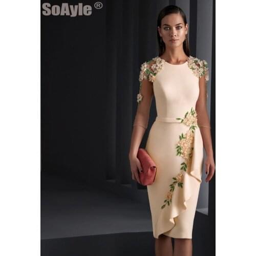 SoAyle Elegant Evening Dress 2020 O-Neckline Pencil Crepe Godmother Evening Dresses Shoulder Beading Flowers Dress