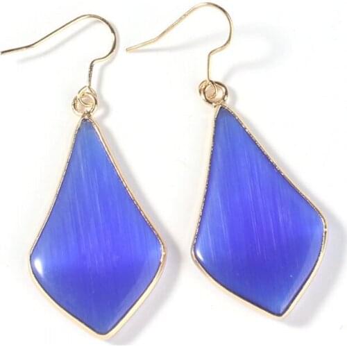 100-Unique 1 Pair Light Yellow Gold Color Blue Cat Eye Stone Water Drop Shape Earrings Elegant Womens Earring