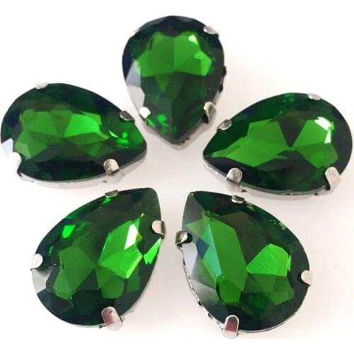 Free shipping! Grass green Pear shape Crystal glass loose rhinestones, silver claw sew on rhinestones