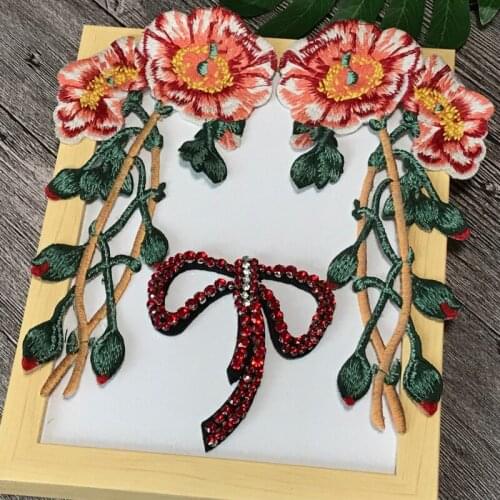 Flower + Bowknot bead Patch Sew On Clothes Patches DIY Garment Dress Appliques Accessory