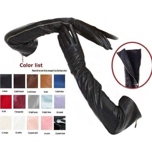 Custom made 30cm to 80cm long top sheep leather side real open zipper long gloves multi colors