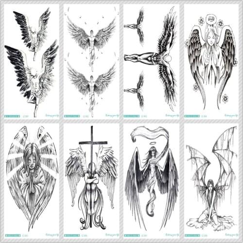 Rocooart Sketch Angel Fake Tattoo Cross Wings Large Taty Men Temporary Tattoo Sticker For Body Art Tatouage Temporaire Female