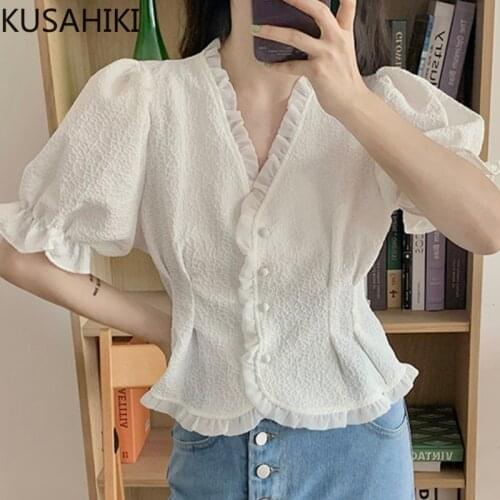 KUSAHIKI Korean Floral Women Shirts Mesh Ruffle Patchwork Blouse Sweet Puff Sleeve V-neck Slim Waist Top Blusas 2021 New 6J063