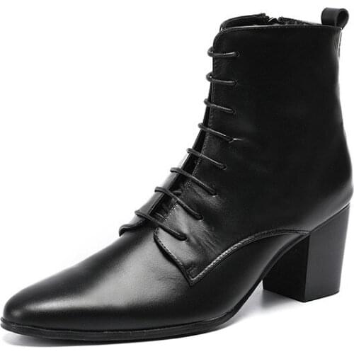 Cowboy Boots Men High Heels 6.8cm Black Soft Leather Ankle Boots Thick Heels Men Shoes Zapatos Hombre Lace Up Man Boots