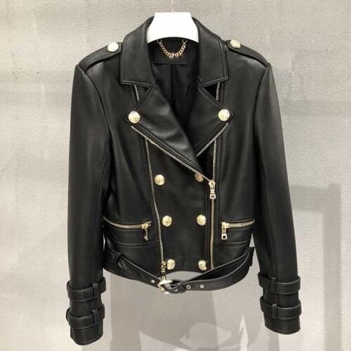 Cosmicchic 2020 Autumn Zipper Motorcycle Sheepskin Jacket Women Double Breasted Belt Gold-Button Casual Biker-Coat Outwear Chic