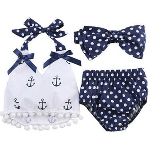 Summer Baby Girls Clothes Sleeveless Anchor Print Halter Tassel Tops+Polka Dot Briefs Backless Outfits Set Toddler 3Pcs Suit