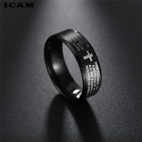 ICAM Black Titanium Steel English Letter Lords Prayer Ring Serenity Mens Bible Cross Rings For Women Jesus Jewelry