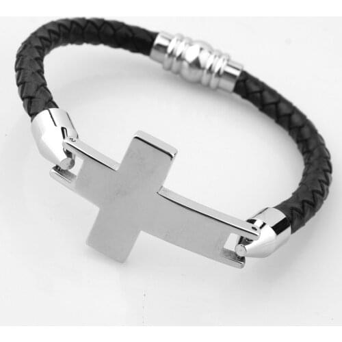 High Quality 316L Stainless Steel Silver Color Cross Crucifix Mens Womens Bracelet Bangle Genuine Leather Wristband Jewelry