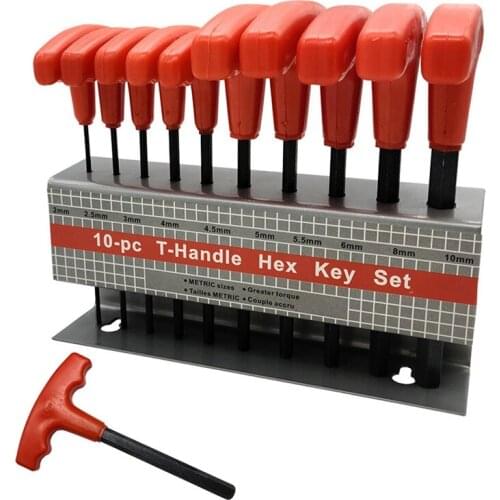 10-Piece Set H2-H10 T-Shaped Flat Head Metric Red Hex Key with Iron Frame