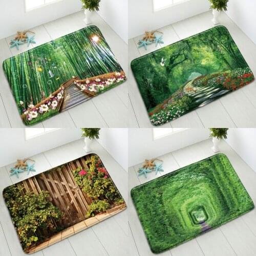 Natural Scenery Non-Slip Bathroom Mat Green Bamboo Forest Plant Flower Wooden Door Deer Indoor Entrance Doormat Absorbent Carpet