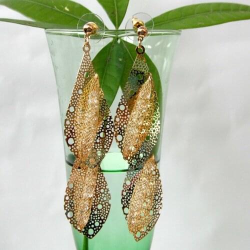 Navachi Metal Mesh Double Leaves Earrings Yellow GP Rhinestone Crystal Stud Earrings BH1095