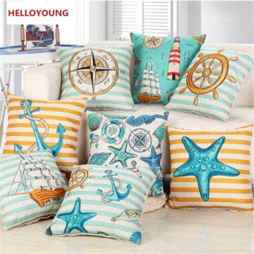 Navigation Navy Blue Nautical Shell Starfish Linen Pillow Marine Cushion Cover Sofa Piaochuang Pad Home Decoration Pillowcase