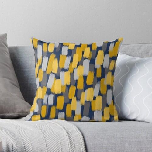 Abstract Grey And Mustard Yellow Paint Brush Effect On Navy Blue Throw Pillow Cushion Cover PolyesterHome Decor