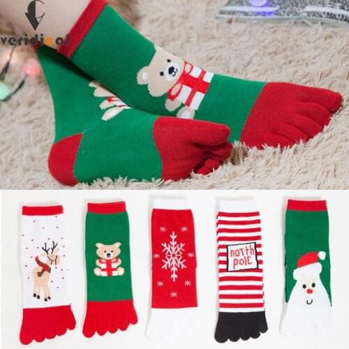5 Pairs/Lot Christmas Five Finger Socks Cotton Novelty Street Fashion Bear Deer Snowman Happy Socks With Toes Gift For Woman
