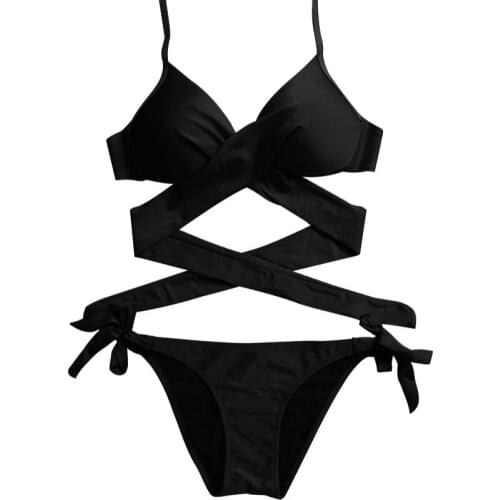 Newest ArrivalSummer Women New Style Personality Sexy Lace Up Solid Color Concise Cross-Tie Bikinis Set Beach Vacation Polyester