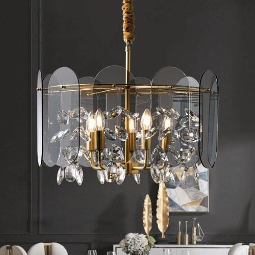 Postmodern Living Room Chandelier Copper Crystal Glass Luxury Dining Bedroom E14 Lighting Hanging Lamp Villa Lobby Round Fixture