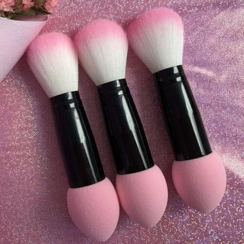 1pc Professional blusher brush Double heads Nylon Make up Brushes Two Head Metal Cosmetic Tools with Sponge Pink Color