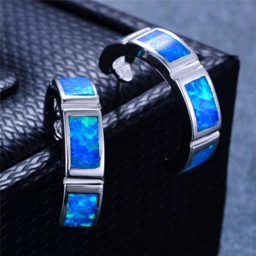 Luxury Female Small Square Stud Earrings Vintage silver color Earrings For Women Boho White Blue Fire Opal Earrings
