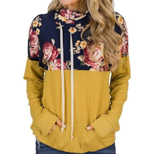 Floral Shirt Top Patchwork Casual Pullovers Autumn Women Clothes Drawstring Long Sleeve Female Shirts Top
