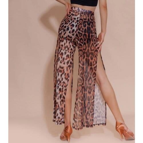 Women Latin Dance Practice Pants Female Sexy Split Leopard Trousers For Ballroom Samba Tango Dancing Training Practice pant