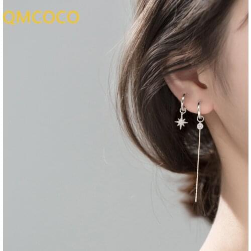 QMCOCO 925 Silver Circle Asymmetric Hoop Earrings Smooth Surface For Women Star-Shape Earrings Jewelry Party Gifts Accessories
