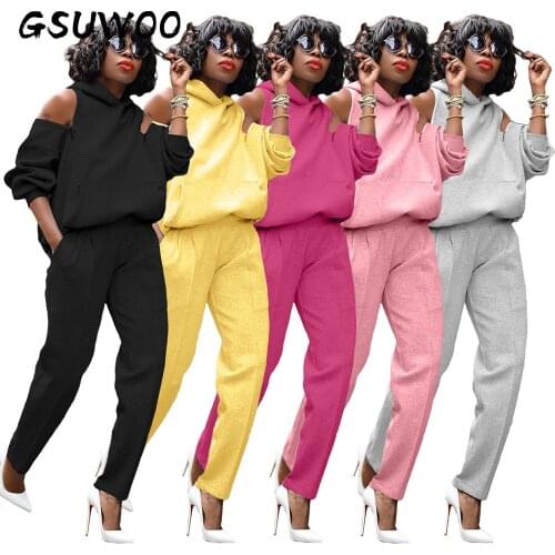 GSUWOO Autumn Womens Long Sleeved Tops Suit Zipper Open Back Hoodie Suit Casual Kangaroo Pocket Sweatshirt Trousers Outfits