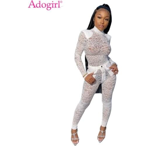 Adogirl Women Sexy Sheer Lace Two Piece Set High Neck Long Sleeve T Shirt Top Button Fly Pencil Pants Female Night Club Suits