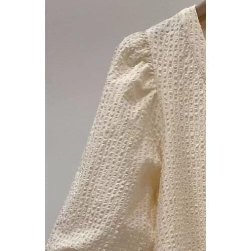 2021 Spring and Summer New Solid Color V-neck Puff Sleeve Texture Ruffled Womens Dress