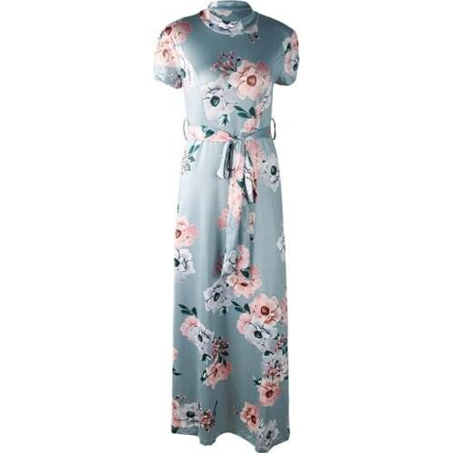 Women Summer Chinese Style Dresses Floral Print Short Sleeve Long Dress High Neck Mandarin Collar Party Lace Up Swing Sundress