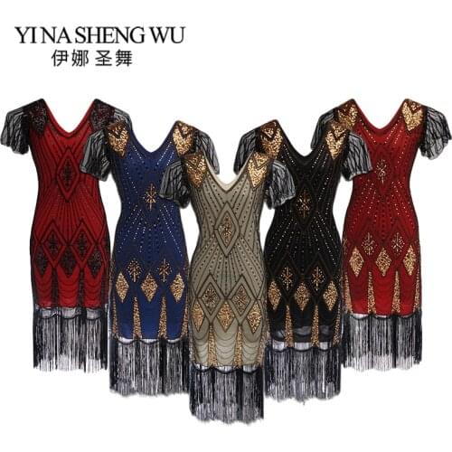 Great Gatsby Dress Women 1920 s Vintage Sequin Art Deco Double Flapper Dresses Vintage V Neck Dress Embellished Fringed Beaded