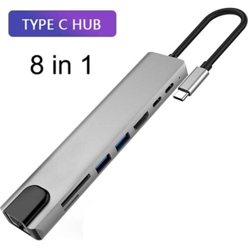 8 in 1 USB 3.1 USB C Type C Hub to 4K 30HZ HDMI RJ45 USB 3.0 SD/TD Card Reader 87W PD Charging Adapter Hub for MacBook Pro