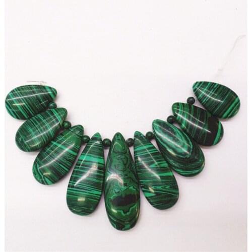9Pcs/set 44x16x7mm-25x16x7mm Wholesale Green And Black Malachite Teardrop Pendant Bead S69