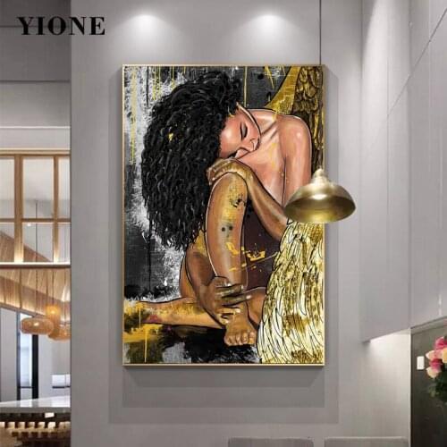 Abstract African Black Woman Oil Painting Graffiti Yellow Wings Canvas Art Print Poster Wall Picture for Living Room Decoration