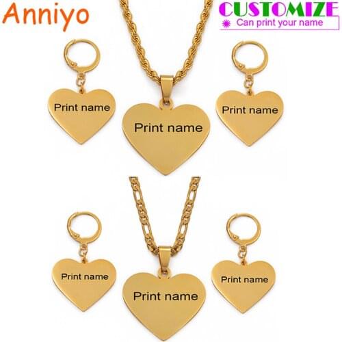 Anniyo Personalized Name Heart Pendant Earrings Chain Necklace Chuuk Jewelry Set African Arab Customize Carving Letter #099121T