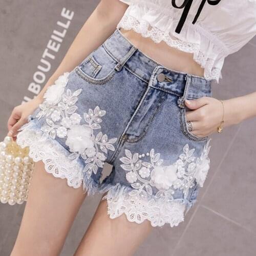 White Lace Flowers Denim Jeans Women Fashion Cowboy Shorts 2021 New Embroidery Beading Lace Shorts Large Size Casual Hot Shorts