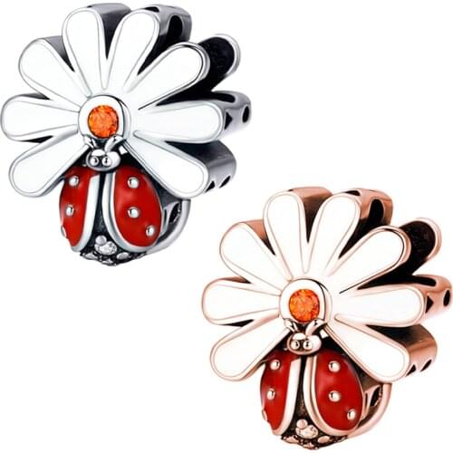 Cute Ladybug Daisy Pendant Fit Original Pan Charms Bracelet Red Enamel Ladybird Bead DIY Jewelry for Women Accessories Wholesale