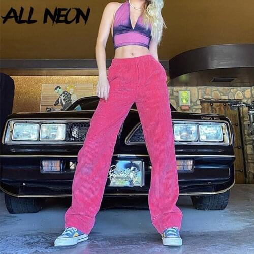 ALLNeon Y2K Fashion Hot Pink Corduroy High Waist Pants Hip Hop Style Loosed Pocket Long Pants 90s Streetwear E-girl Outfits Rave