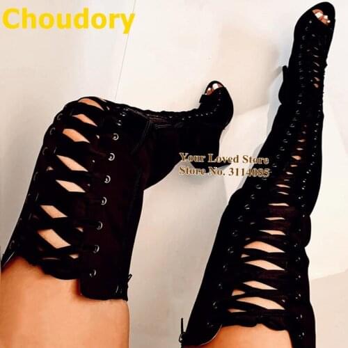 Choudory Black Lace-up Open Toe Over-the-knee Boots Cross Strappy Zipped Thigh High Boots Stiletto Heels Nightclub Dress Shoes