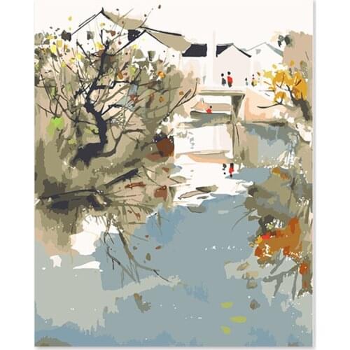 Digital oil painting,, ink, water, Chinese wind, Jiangnan tobacco and rain Town in ancient times