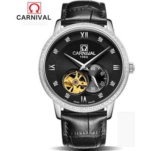 Carnival Top Brand Luxury Automatic Watch Black Skeleton Designer Blue Engraving Clock Men Leather Strap Mens Watches Montre Hom