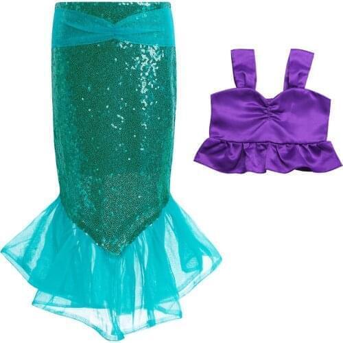 2PCS Little Girls Mermaid Costumes Kids Girls Shiny Sequins Mermaid Tails Party Holiday Costume Outfits Top+Skirt for Carnival