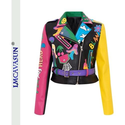 LEIMEICHEN S—3XL PU Leather Jacket Women Flame Print Graffiti Rivets Coats Punk Biker Motorcycle Black Tops MT-26312