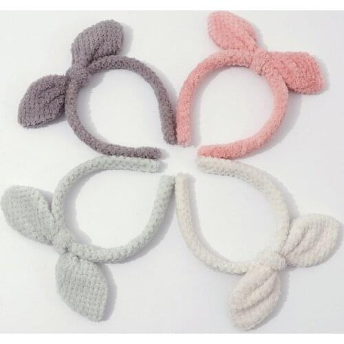 Cute Korean Designs Bunny Rabbit Ear Hairbands Kids Girl Winter Plush Home Headwear Children Headband Hair Band Bow Accessories