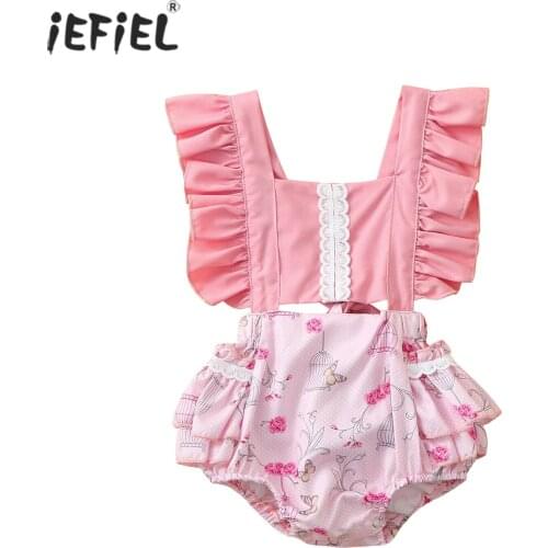 Fashion Summer Sunsuit Newborn Baby Girls Clothes Sets Backless Sunflower Romper Ruffle Sleeve Jumpsuit Headband Outfits 0-28M