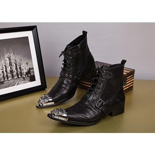 Autumn winter shoes men bota masculina black genuine leather lace up military boots ankle cowboy boots mens iron pointed toe
